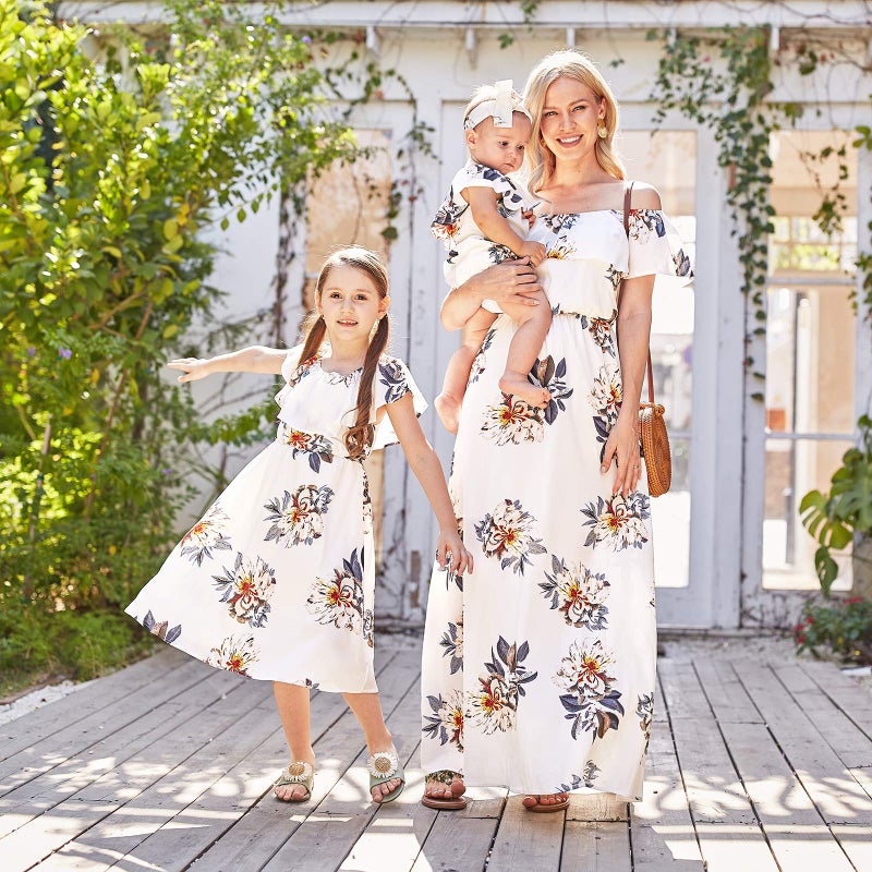 PopReal Mommy and Me Dresses Floral Printed Chiffon Bowknot Ruffles Short Sleeve Beach Mom Daughter Matching Outfits - Image 3